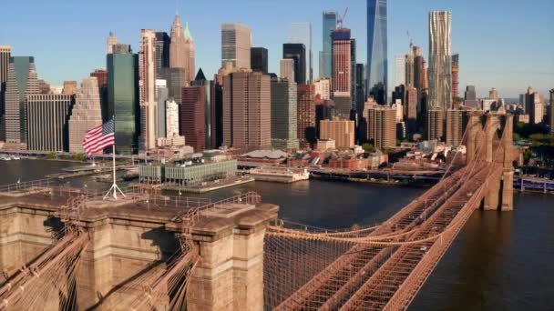 Aerial view of the Brooklyn bridge over Hudson river. Beautiful morning sunrise lights. - Footage, Video
