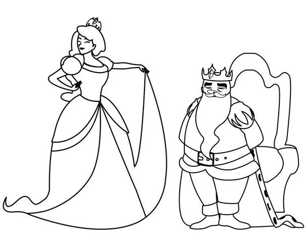 όμορφη πριγκίπισσα και το βασιλιά στο θρόνο των ιστοριών χαρακτήρες - Διάνυσμα, εικόνα