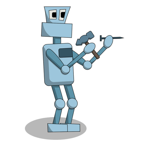 ロボットは仕事で釘を打っている。孤立した漫画ベクトルイラスト - ベクター画像