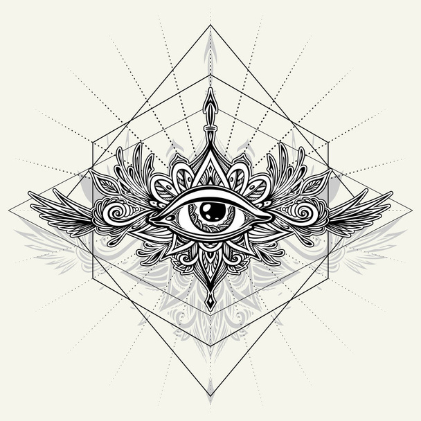 Abstraktní symbol Vševidého oka v Boho indický asijský styl pro Tetovaný černý na bílém pro ozdobu tričko nebo pro barvení stránek nebo učebnice pro dospělé barvy. Koncepce magického okultismu Esoteric - Vektor, obrázek