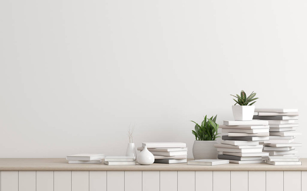 Close-up van stapel boeken en plant in vaas op witte muur achtergrond-3D rendering - Foto, afbeelding