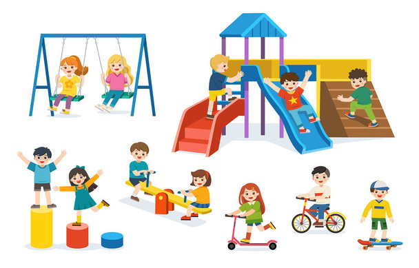 Set of Happy excited kids having fun together. Children playing  - Vector, Image