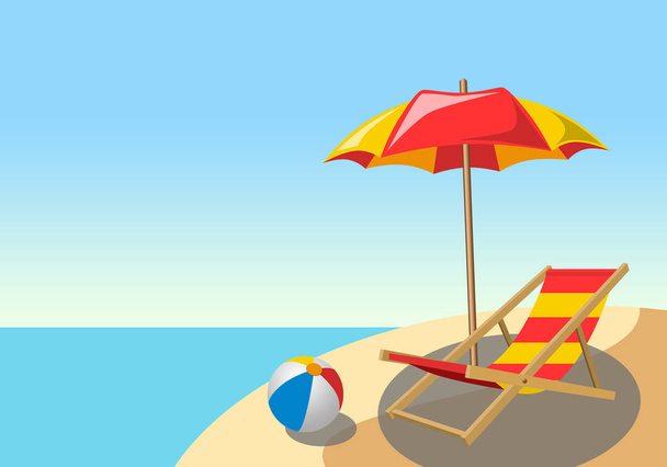Umbrella is a chaise longue and a ball on the sand on the seafront and a good rest - Zdjęcie, obraz