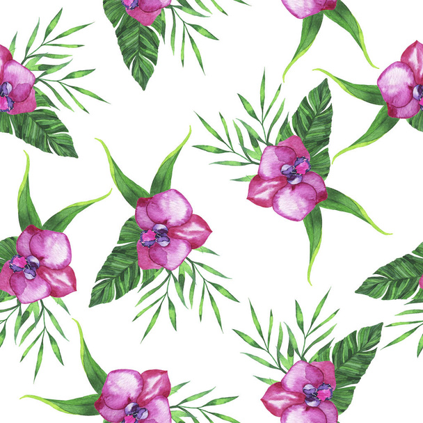 Seamless pattern with tropical leaves, palm branches and pink orchid flowers on white background. Hand drawn watercolor illustration - Photo, Image