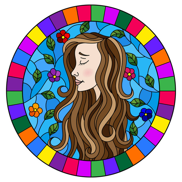 The illustration in stained glass style painting with a girl with brown hair and tree branches on background of blue sky, oval image in bright frame  - Vector, Image