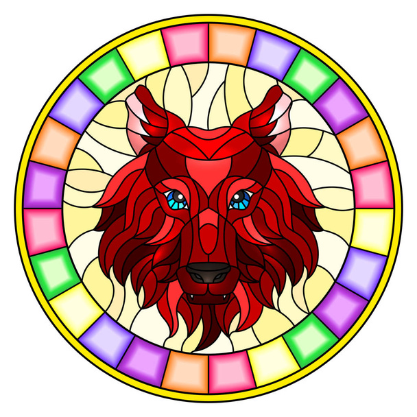 ●赤いオオカミの頭を持つステンドグラス風塗装のイラスト、明るいフレームを持つ円形のイメージ - ベクター画像