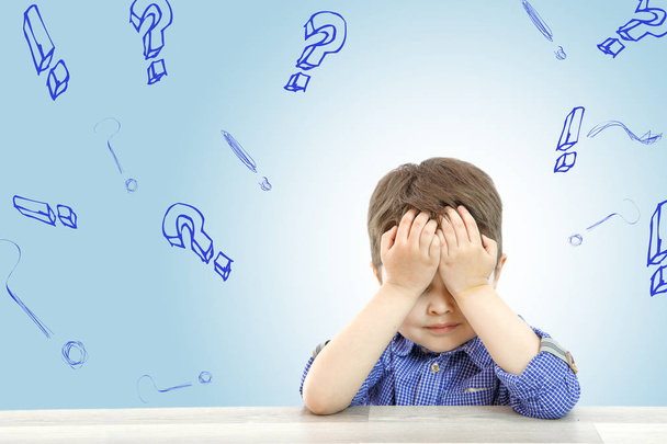 little cute boy and his questions on light background - Photo, Image