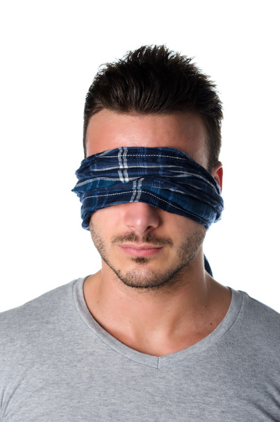 Headshot of blindfolded young man - Foto, afbeelding