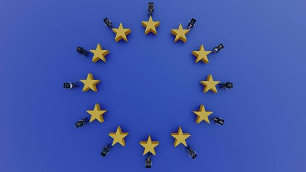 Vlaggen politici van de Europese Unie zitten en discussiëren in het Parlement, 3D-rendering - Foto, afbeelding