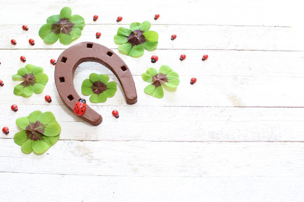 good luck wishes with lucky clover and a horseshoe - Photo, Image