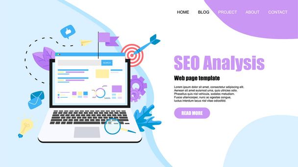Webpage template. Seo analysis with search and magnifier on desktop. Business concept - Vector, Image