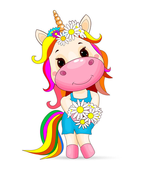 Cute unicorn baby with a bouquet of flowers - Vektor, kép