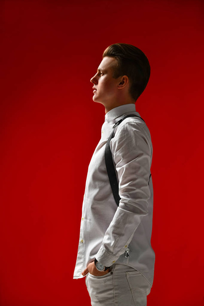 Photography side view Stylish handsome young man - Foto, imagen