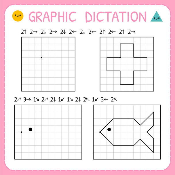 Graphic dictation. Kindergarten educational game for kids. Preschool worksheets for practicing motor skills. Working pages for children - Vector, Image