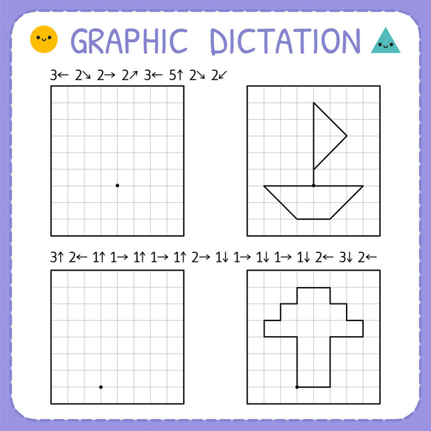 Graphic dictation. Kindergarten educational game for kids. Working pages for children. Preschool worksheets for practicing motor skills - Vector, Image