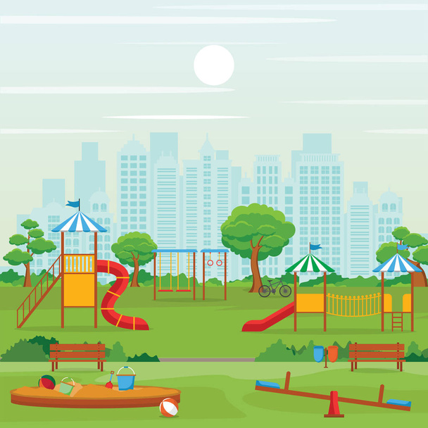 Stadtpark im Sommer mit Kinderspielgeräten Illustration - Vektor, Bild