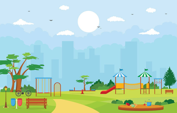 Městský park v létě se zařízením pro hraní dětských hřišť ilustrace - Vektor, obrázek