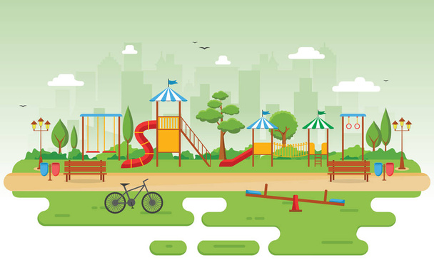 Parque de la ciudad en verano con juegos infantiles Equipo de juego Ilustración
 - Vector, Imagen
