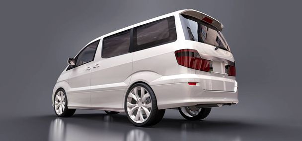 Minivan bianco per il trasporto di persone. Illustrazione tridimensionale su sfondo grigio lucido. rendering 3d
. - Foto, immagini