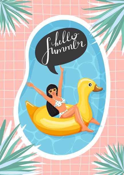 水泳プールでアヒルの形をしたインフレータブルリングに浮く女性と日光浴.  - ベクター画像