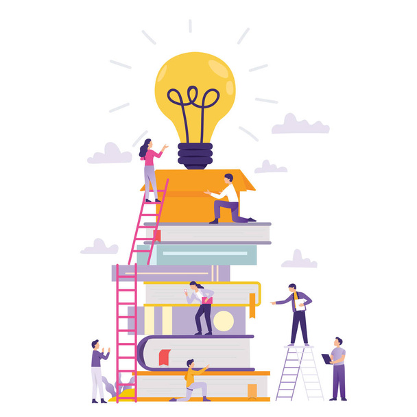 employees team on large stacked books with idea lamp - Vector, Image