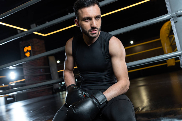 vue à faible angle de l'homme confiant en gants de boxe assis dans la salle de gym
  - Photo, image