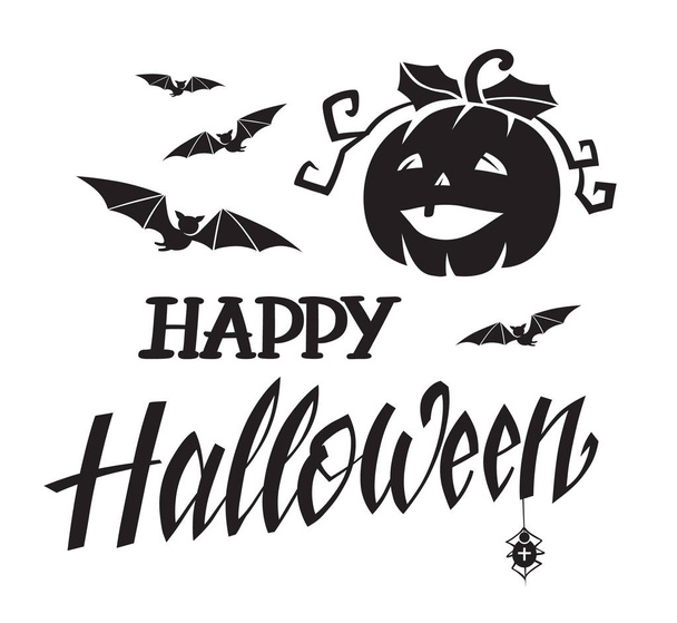 Happy Halloween emblem or logo badge font. All Saints' Eve black vector lettering design and illustration on a white background. Jack's lamp spider and bats illustration - Vektor, kép