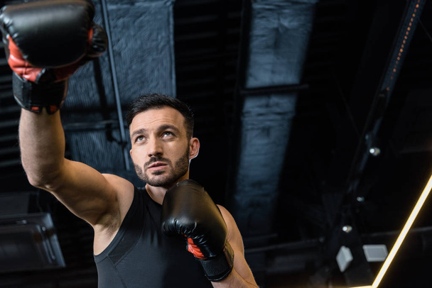 low angle view of handsome man exercising in boxing gloves  - Photo, Image
