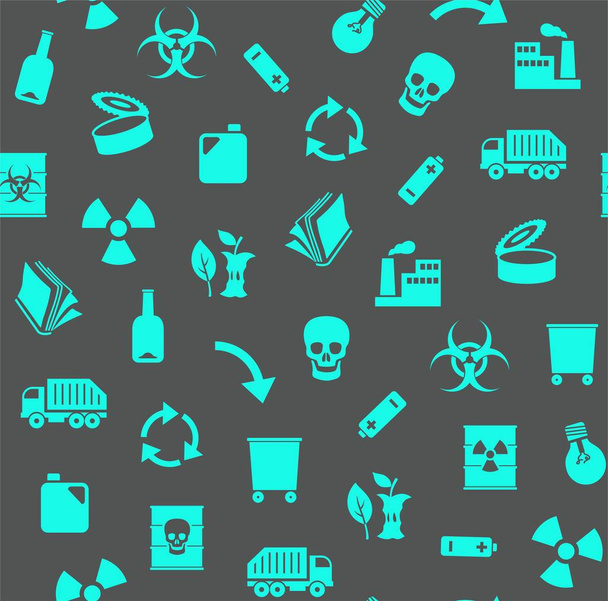 Waste, recycling, seamless pattern, gray, blue, color, vector. Garbage collection, different types of waste. Vector, seamless background. Blue-green, flat icons on a dark gray background.  - Vektor, obrázek