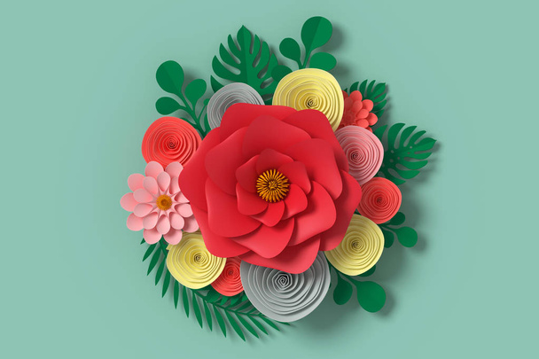 Bloem papier stijl, kleurrijke Rose, papier ambachtelijke Floral, 3D rendering, met knippen pad. - Foto, afbeelding