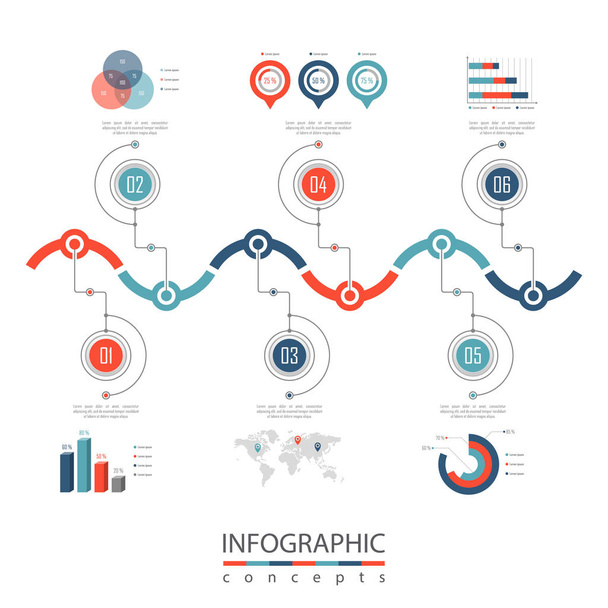 Vektor infographics sablon chart, diagram, web design, prezentáció, munkafolyamat-elrendezés. Üzleti koncepció 6 lehetőséggel, alkatrészekkel, lépésekkel vagy eljárásokkal - Vektor, kép