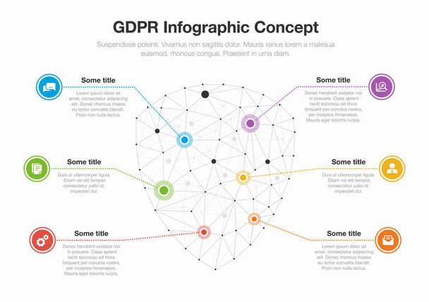 Eurooppalainen GDPR-infografinen konsepti, jonka pääsymbolina on verkkopolygoneista valmistettu suojaussymboli, jossa on useita värikkäitä kuvakkeita, jotka on eristetty kevyellä taustalla. Helppo käyttää sivuston tai esityksen
. - Vektori, kuva