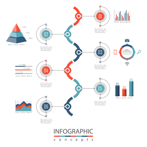 Vektor-Infografik-Vorlage für Diagramm, Webdesign, Präsentation, Workflow-Layout. Geschäftskonzept mit 6 Optionen, Teilen, Schritten oder Prozessen - Vektor, Bild