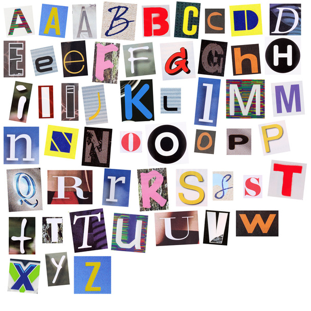 English alphabet cut from magazine isolated on white background - Foto, afbeelding
