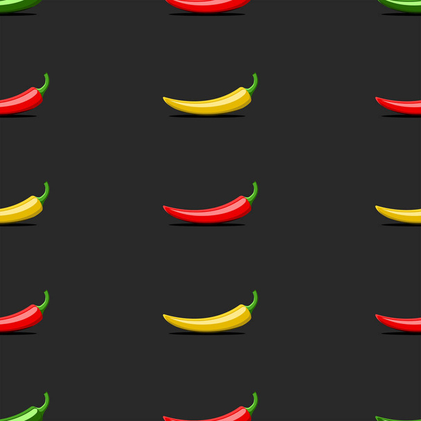 nahtloses Muster mexikanisches Gemüse rot, grün, gelb bittere Chilischoten auf schwarzem Hintergrund, Menüeinband für ein mexikanisches Restaurant oder Druck auf Stoff - Vektor, Bild