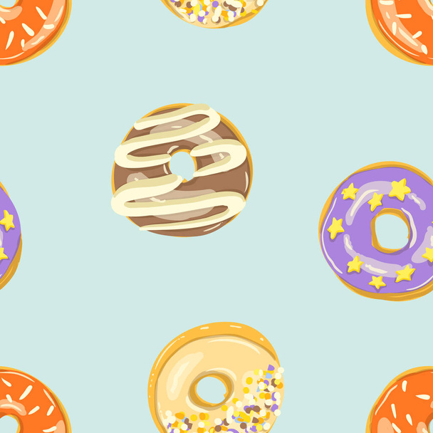 glasierte Donuts nahtloses Muster. Bäckereivektorillustration. Donuts von oben - Vektor, Bild