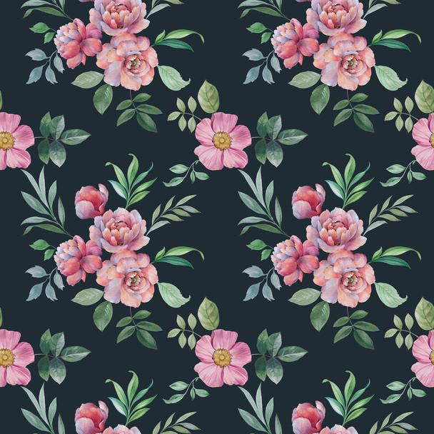 Watercolor hand paint pink peonies and leaves, seamless pattern. Flowers and leaves for design. Seamless floral pattern. - Foto, imagen