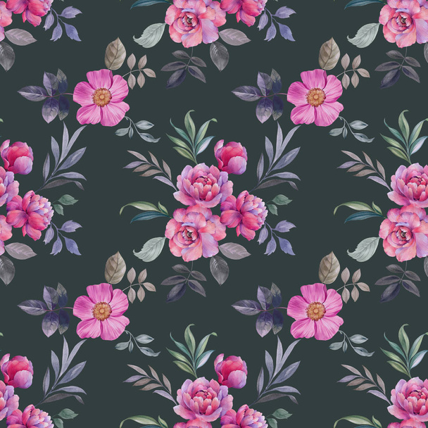 Seamless watercolor flowers pattern. Hand painted peony flowers. Flowers and leaves for design. Seamless floral pattern. Flower arrangement for design. - Foto, Imagem