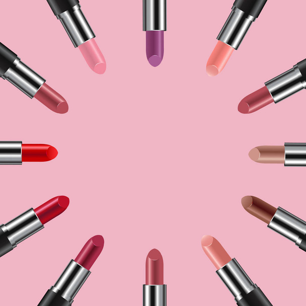Circle Set Of Color Lipsticks Pink Background With Gradient Mesh, Vector Illustration - Вектор,изображение