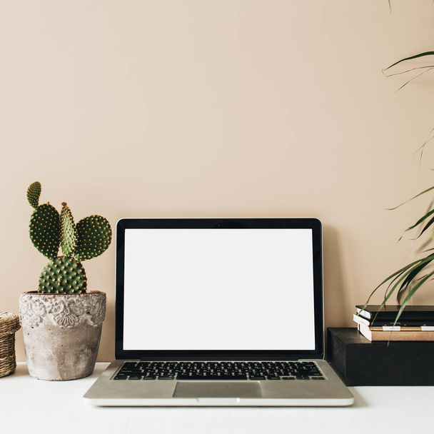 Minimalist home office desk workspace with laptop, cactus, palm on beige background. Front view copy space blank mock up. Freelancer business template. - Foto, imagen