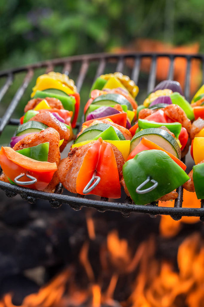 Closeup of skewers on grill with meat and vegetables - Foto, imagen