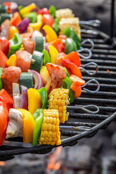 Skewers on grill with vegetables and meat in summer - Fotoğraf, Görsel