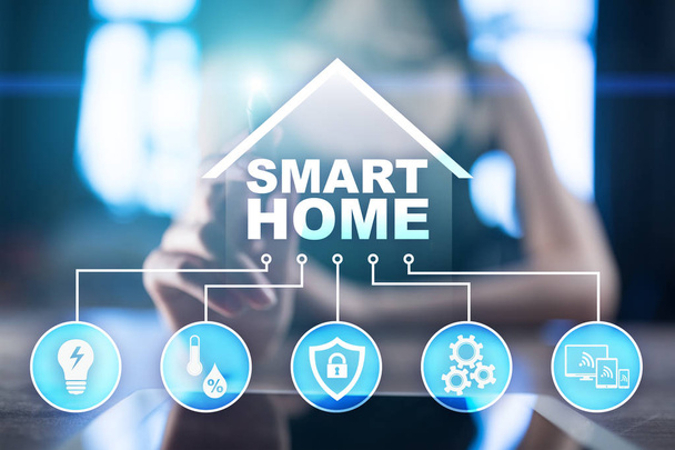 Smart home digital interface on virtual screen. Internet and automation technology concept. - Fotoğraf, Görsel
