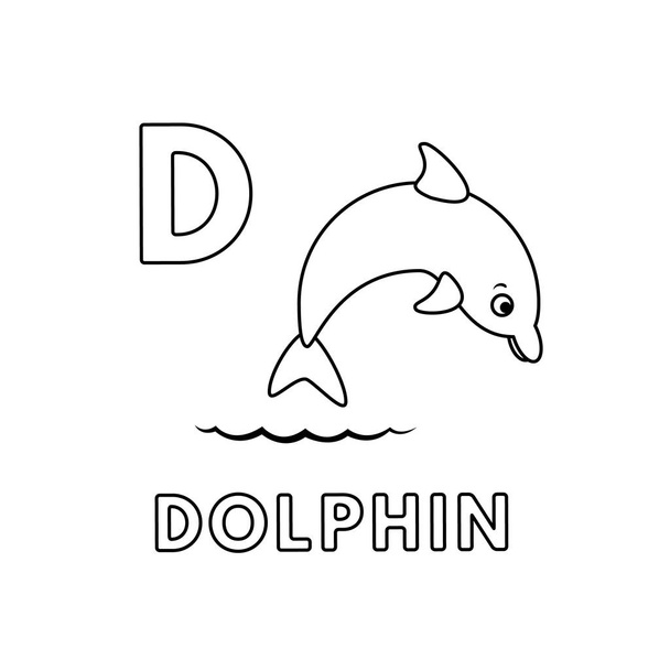 Vector Cute Cartoon Animals Alphabet. Dolphin Coloring Pages - Вектор, зображення