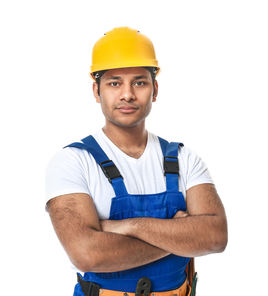 Handsome worker in hardhat on white background - Photo, Image