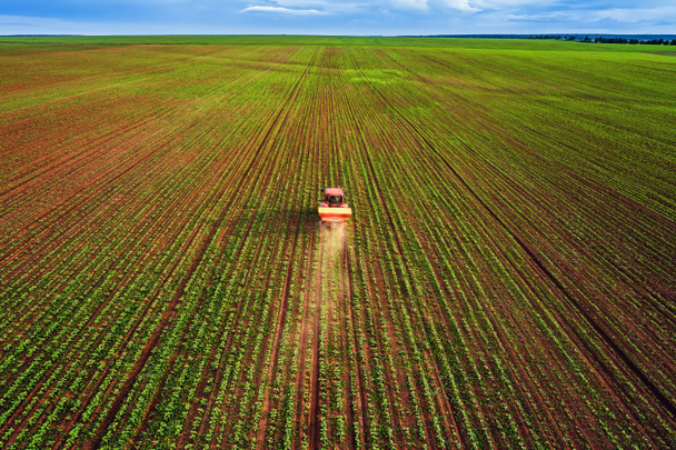 Tractor cultivating field at spring, aerial top drone view - Photo, Image
