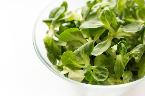 Свежие зеленые листья кукурузы салат или ягнят салат в миске. Вид сверху
 - Фото, изображение
