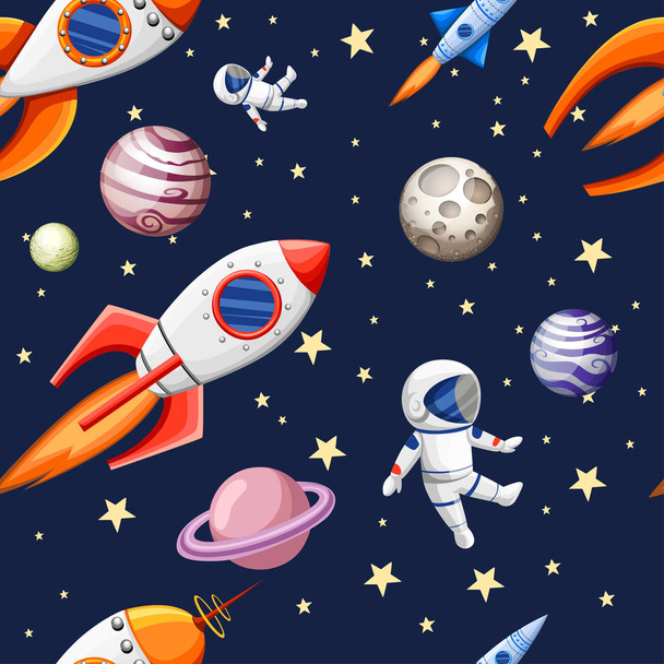 Uzay elemanları karikatür tasarım uzay roketler dikişsiz desen gezegenler yıldız ve kozmonot düz vektör illüstrasyon - Vektör, Görsel