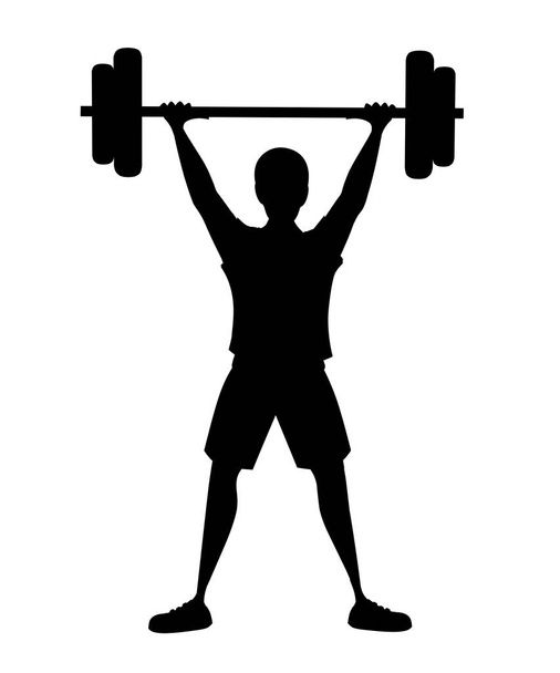 Fekete sziluett erős testépítő sportember emelő nehézsúlyú súlyzó feje fölött rajzfilmfigura design lapos vektor illusztráció - Vektor, kép