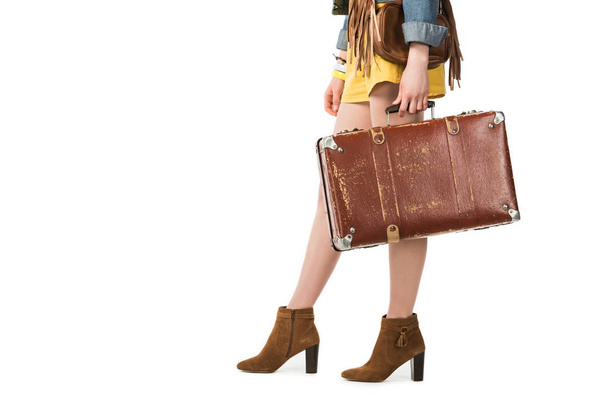 cropped view of boho girl holding suitcase isolated on white - Foto, Imagem